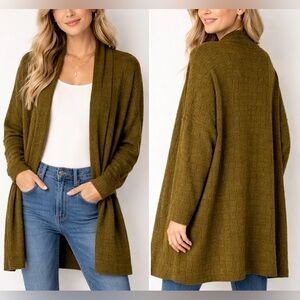 By Anthropologie Olive Green Open Front Long Line Wool Blend Cardigan One Size